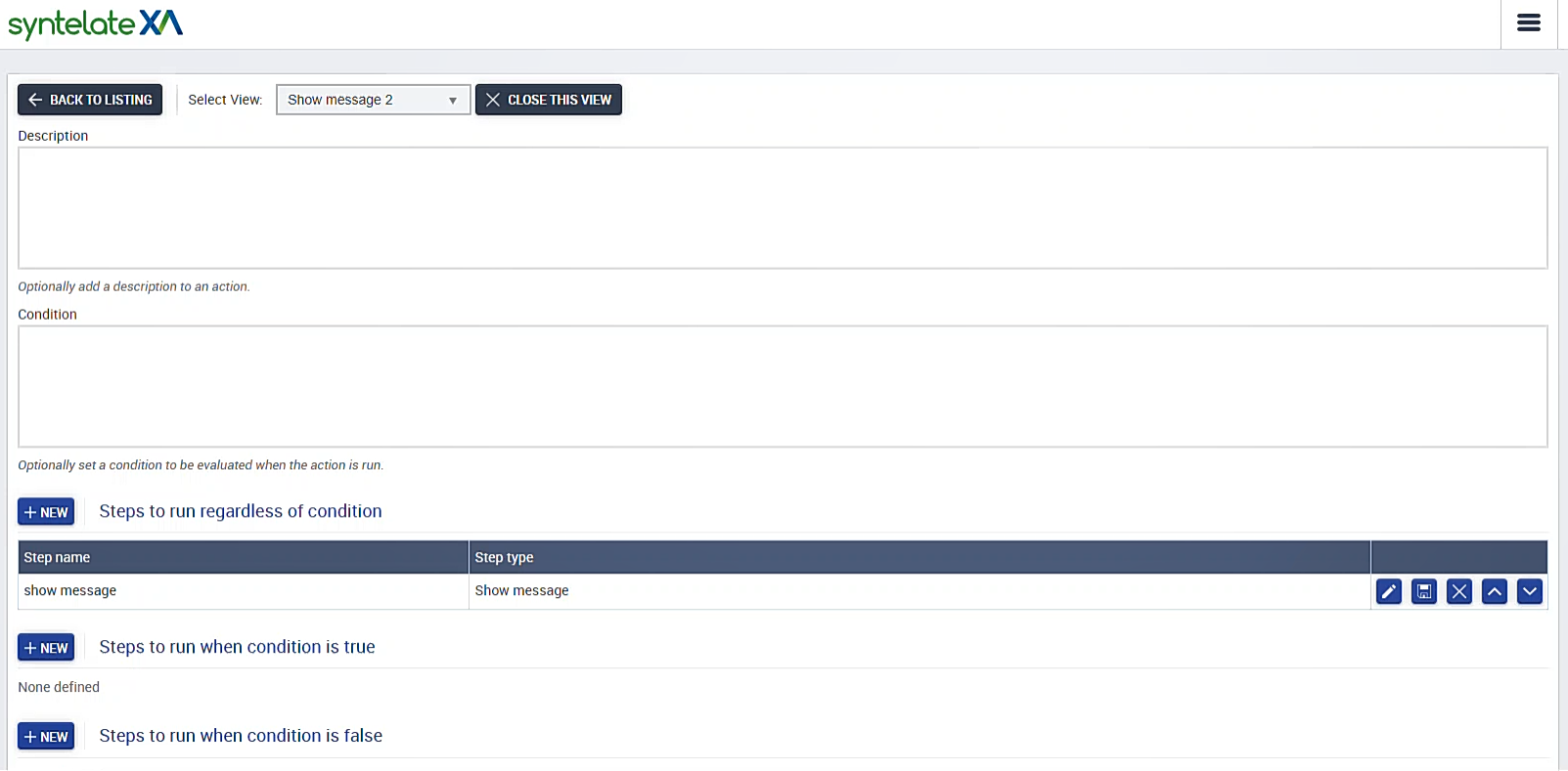 Screenshot showing the Action Builder interface, which has a text box labelled Description, a text box labelled Condition, and three sections where you can create steps for your action.
