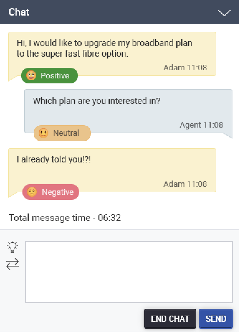 A screenshot of a web chat on a Syntelate XA Agent Desktop. The chat bubbles for the agent and the customer are labelled with sentiment analysis scores presented visually in the form of colour-coded stickers.